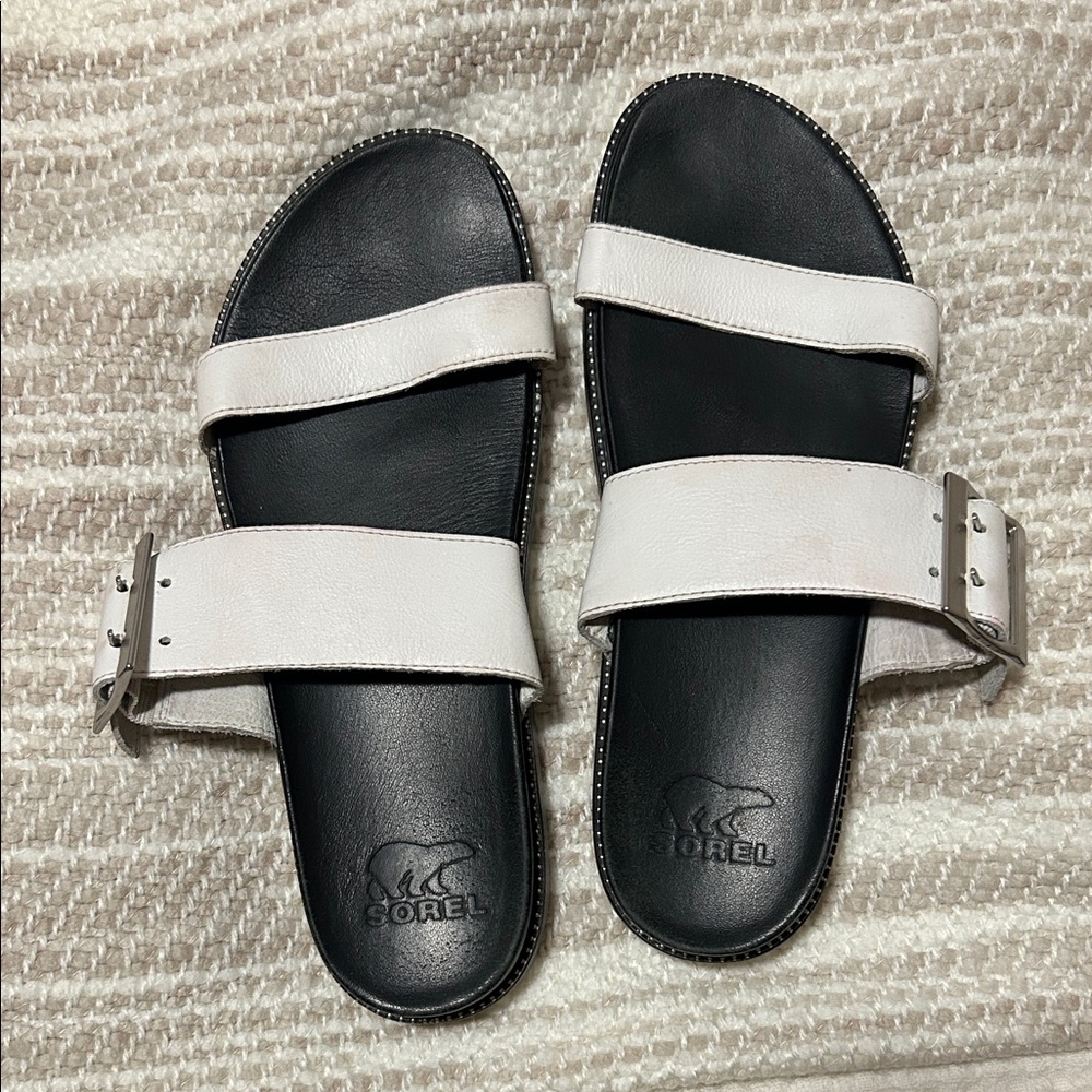 Sorel White Leather Double-Strap Slide Sandals with Buckle